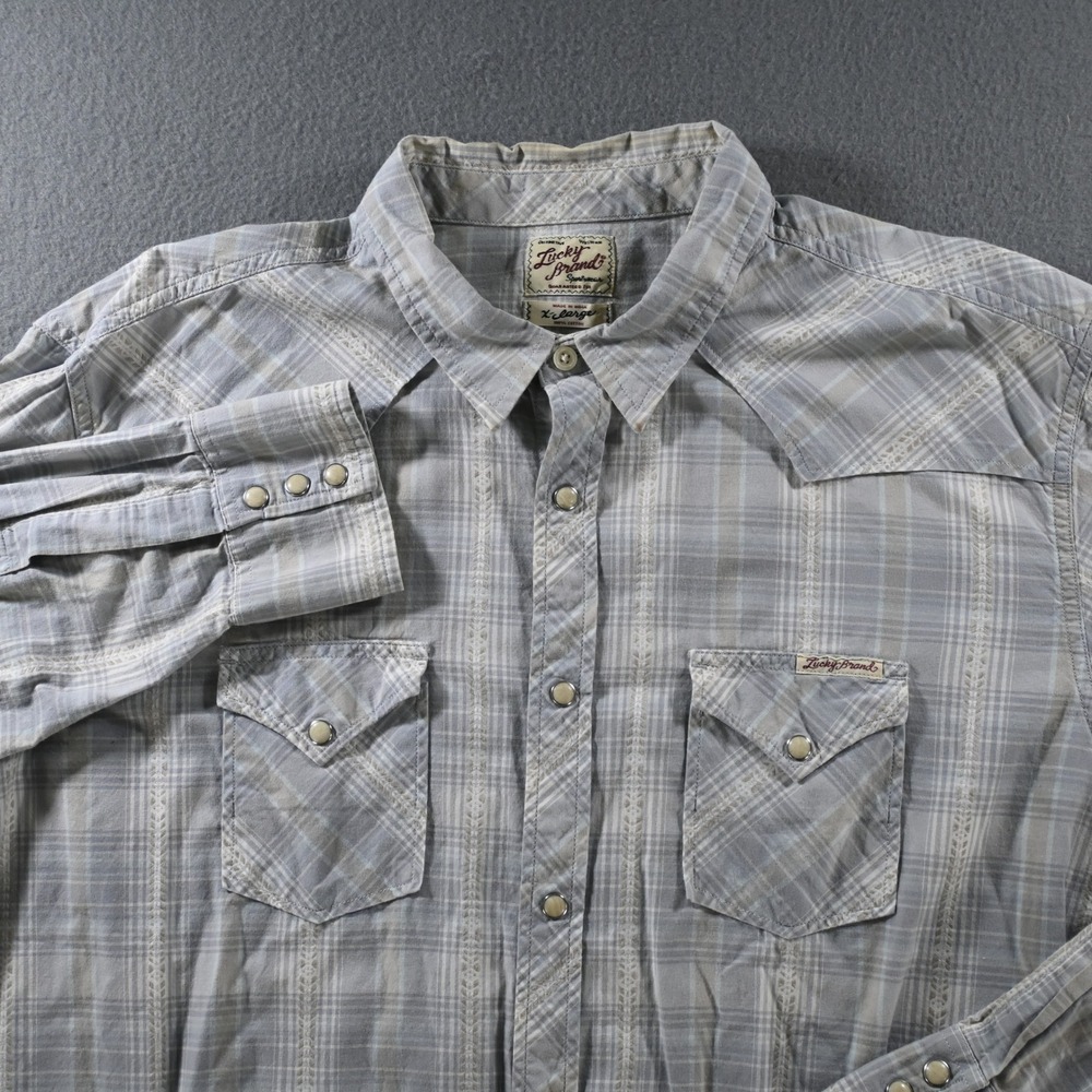 Lucky Brand Mens Distinctive Western Pearl Snap Shirt XL Grey Plaid